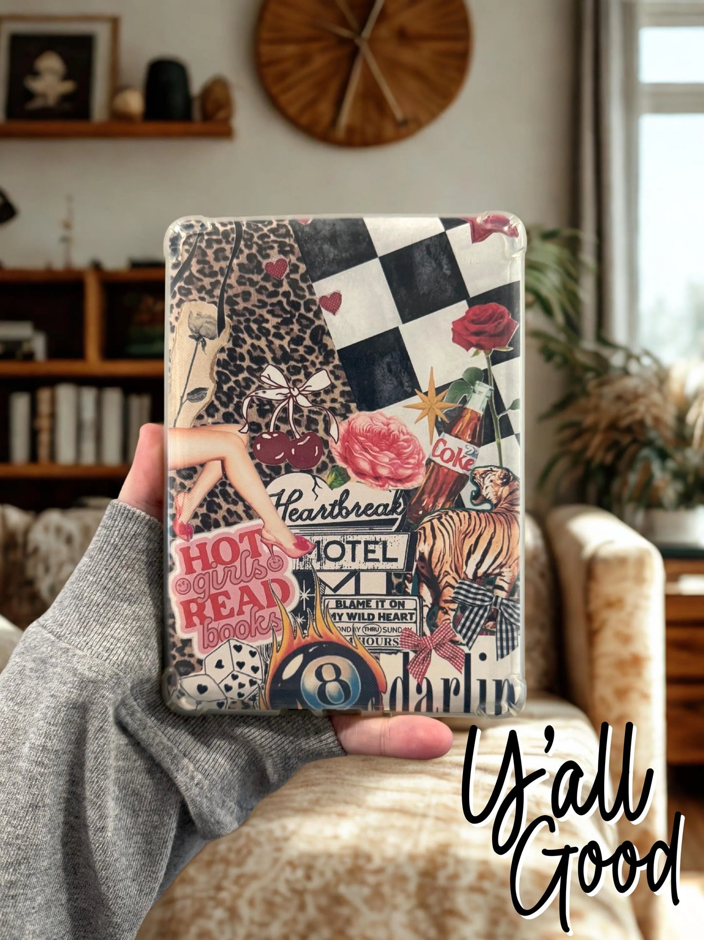 Heartbreak Hotel Kindle Insert, Hot Girls Read Books, Leopard & Checkered Vintage Collage, Clear Kindle Case Insert, Bookish Aesthetic